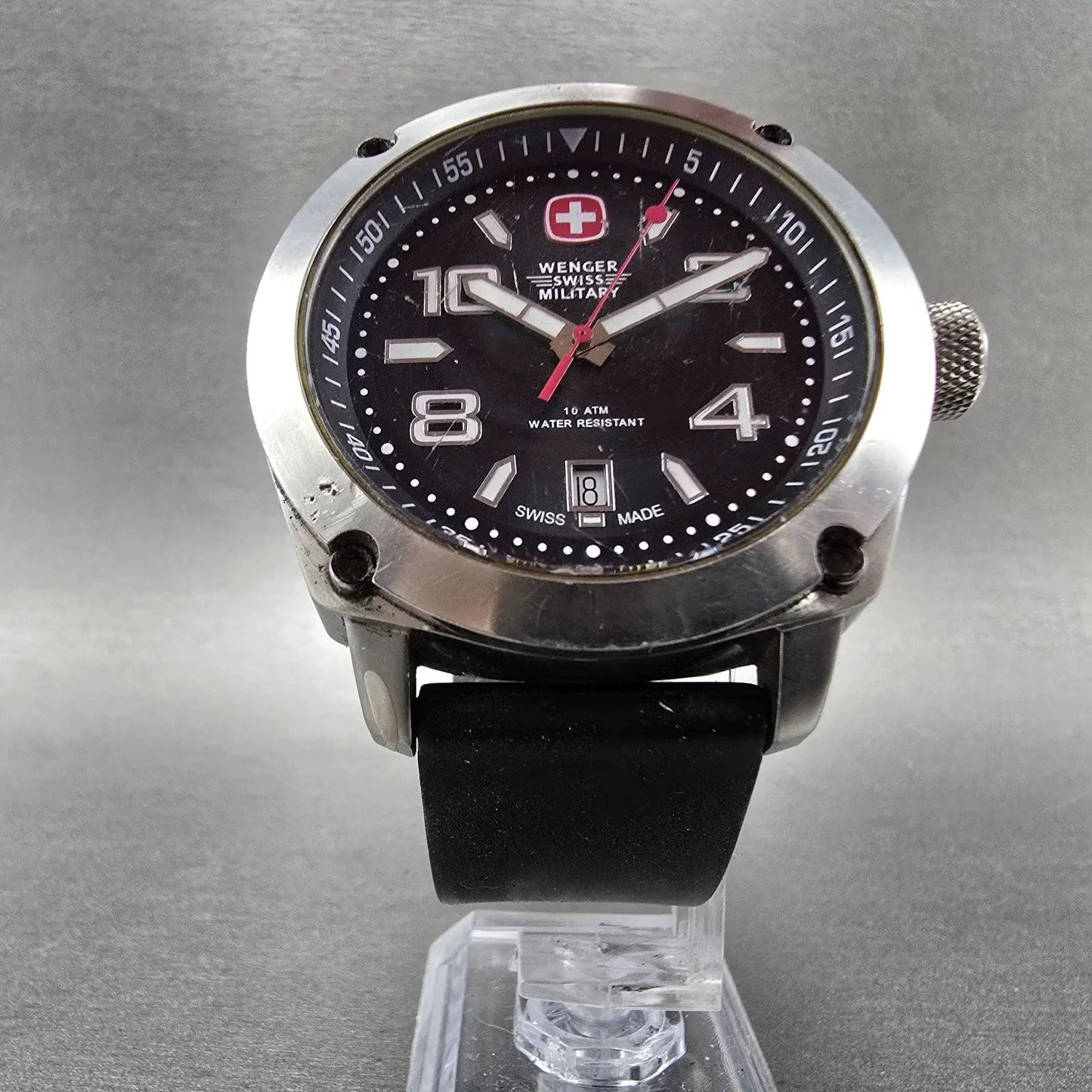 Wenger Swiss Military Watch Men 44mm Black Dial Silver Tone Date 79375 New Batt5