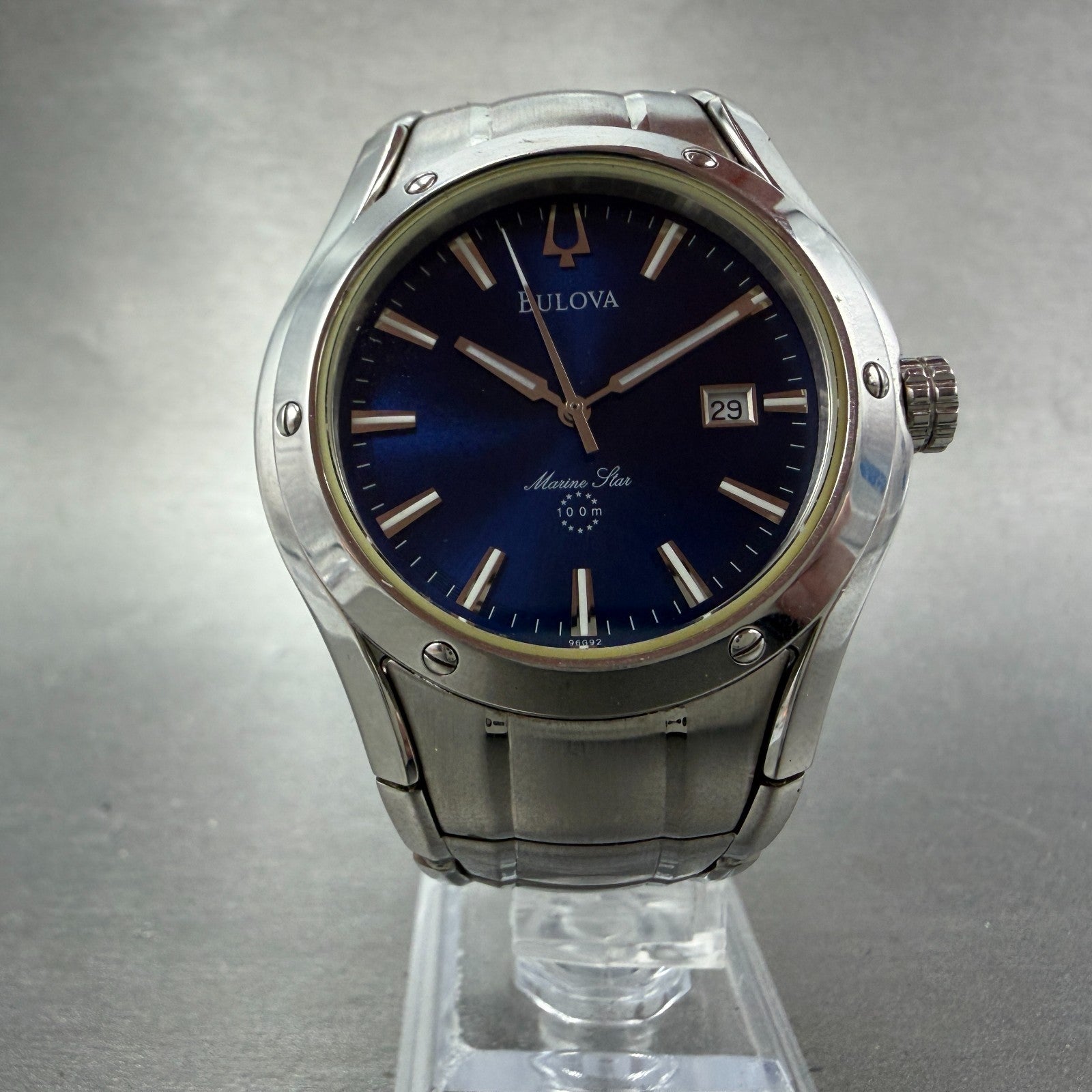Bulova Marine Star Watch Men 40mm Blue Dial Silver Tone Date 96G92 New Battery5