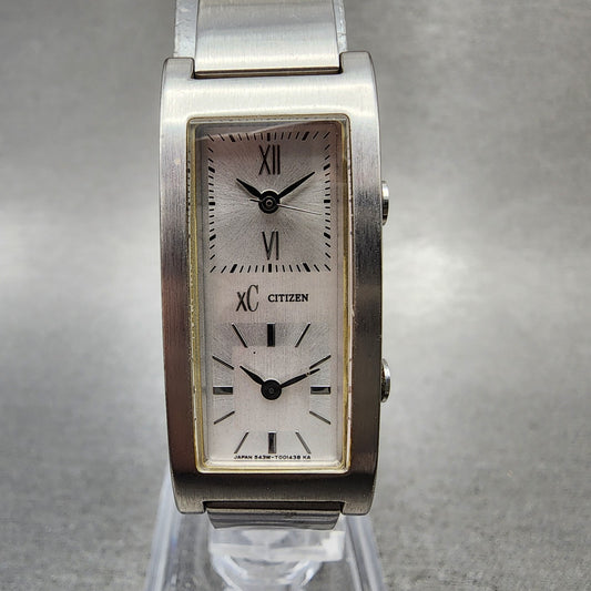 Citizen XC Dual Time Tank Watch Women 16mm Silver Dial Silver Tone New Battery0