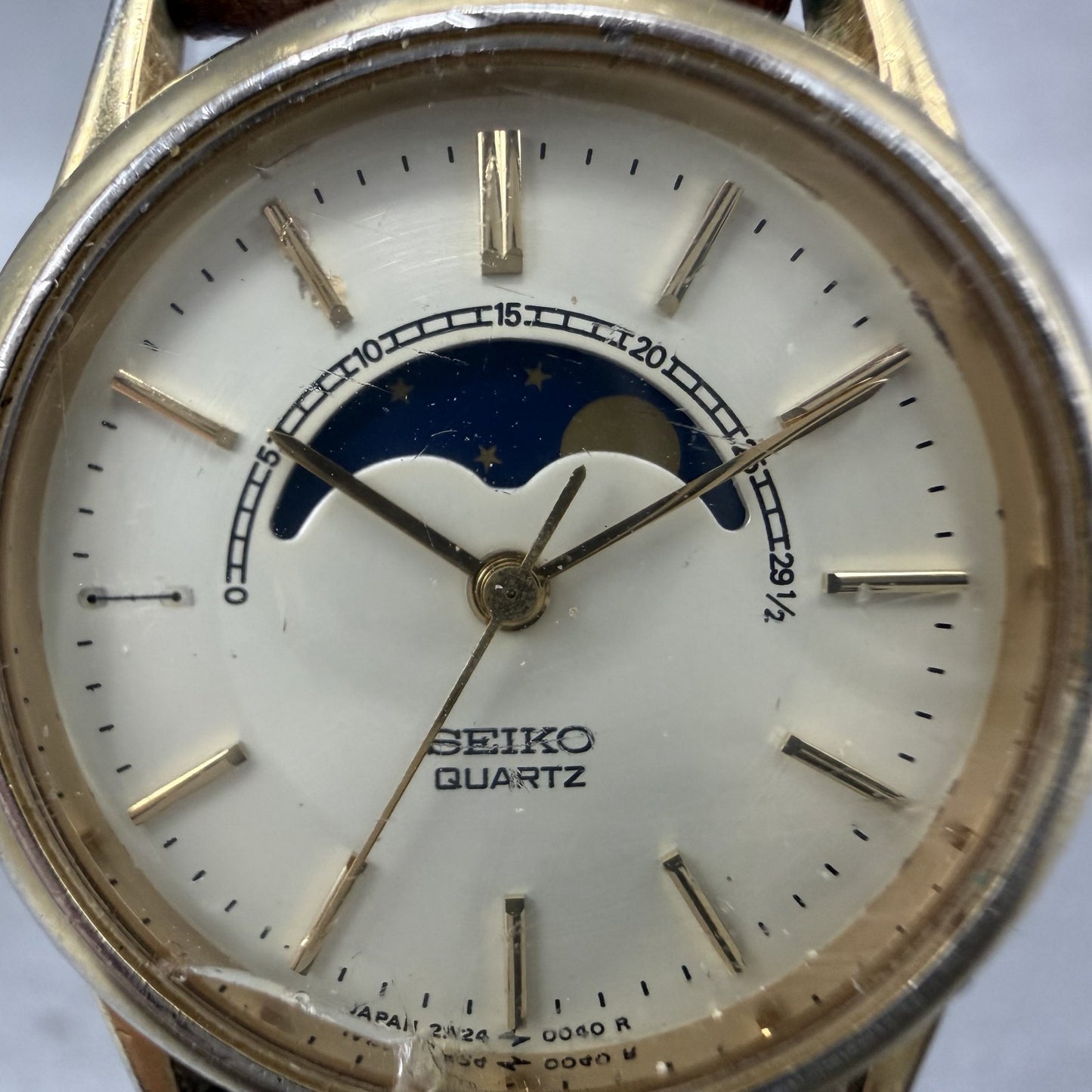 Seiko Moonphase Watch Women 24mm Champa Dial Gold Tone 2A240048 New Battery VTG1