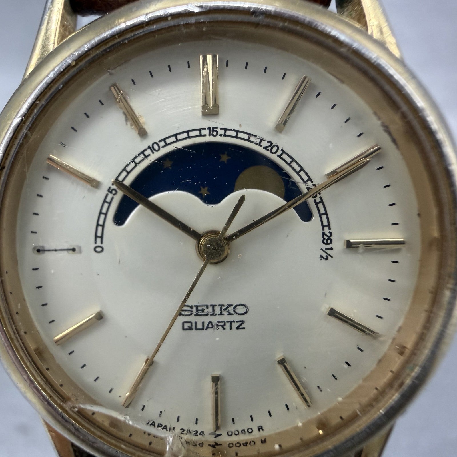 Seiko Moonphase Watch Women 24mm Champa Dial Gold Tone 2A240048 New Battery VTG1