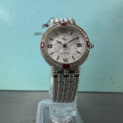 LZ Watch Women 25mm White Dial Silver Tone Ruby Bezel Round New Battery5