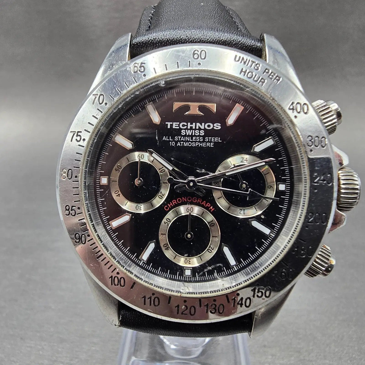 Technos Chronograph Watch Men 40mm Black Dial Silver TGM615 New Battery JDM0
