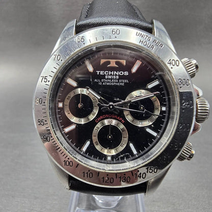 Technos Chronograph Watch Men 40mm Black Dial Silver TGM615 New Battery JDM0