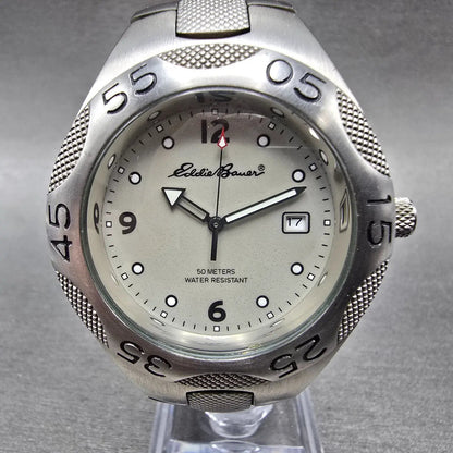 Eddie Bauer Dive Watch Men 41mm Silver Dial Silver Tone Date Round New Battery0