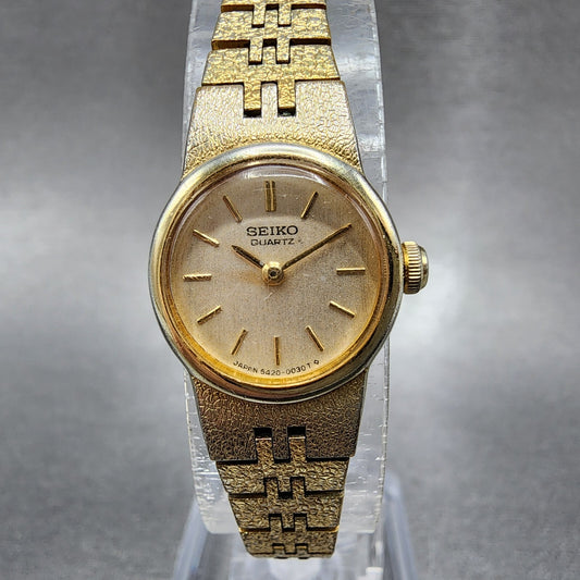 Seiko Watch Women 17mm Gold Dial Gold Tone Round 5420-5039 New Battery VTG ABD