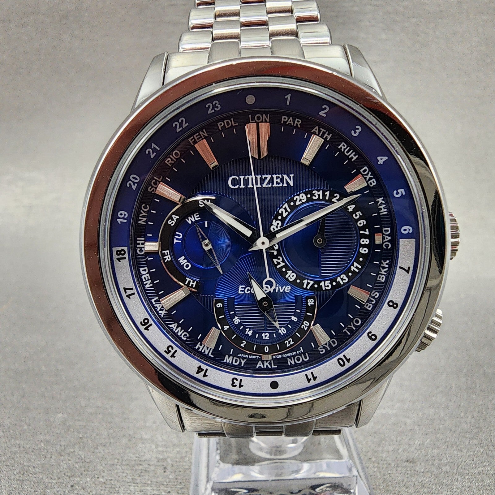 Citizen EcoDrive Calendrier Watch Men 44mm Blue Dial Steel Daydate Round BU20211