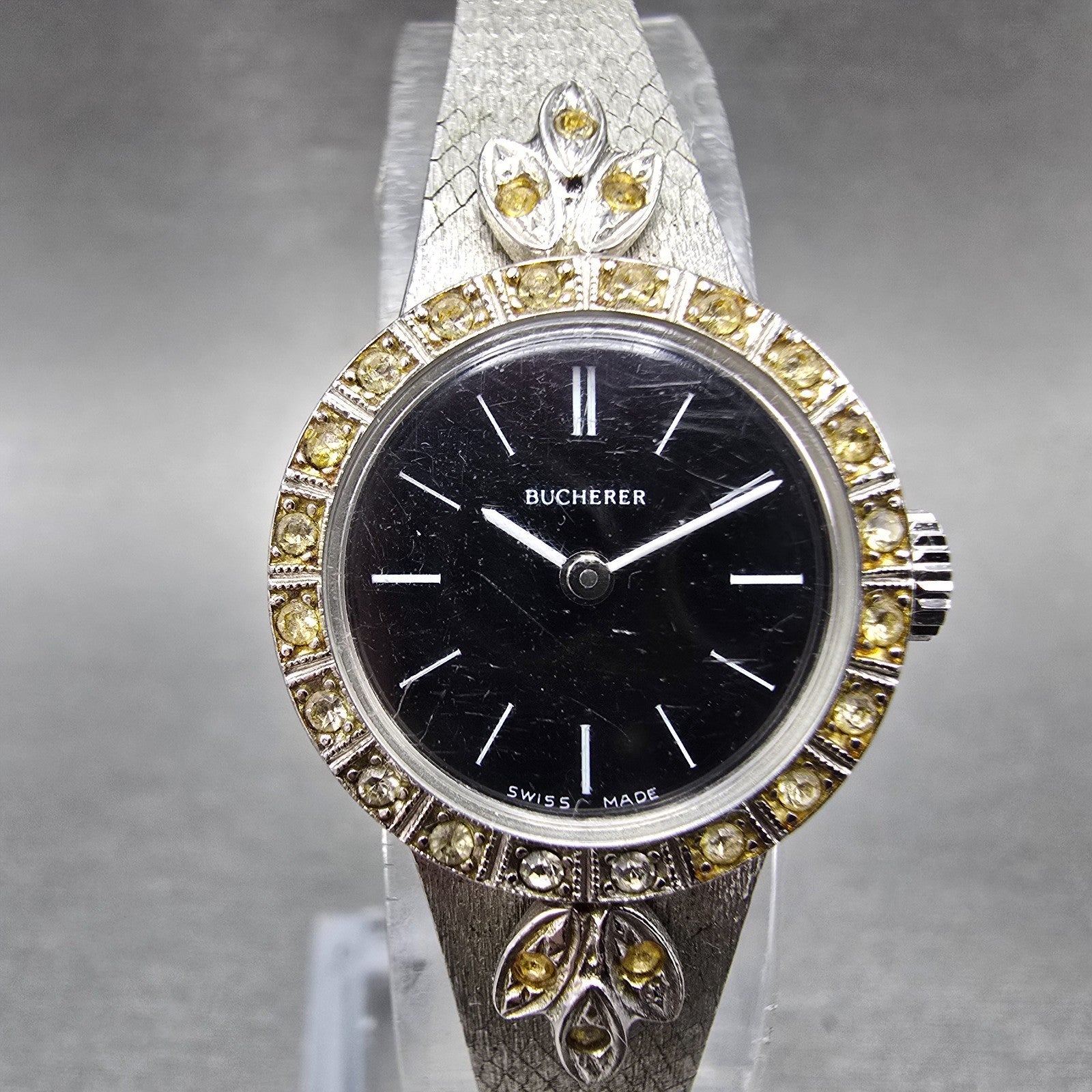 Bucherer Watch Women 20mm Black Dial Silver Tone Manual Wind Runs Gem Set Bezel0