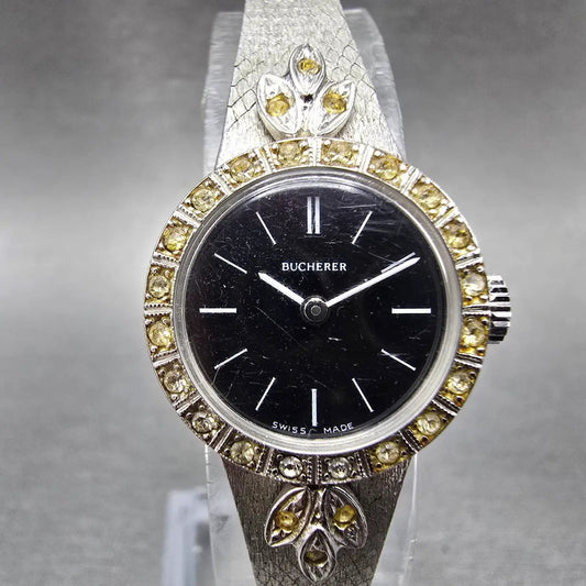 Bucherer Watch Women 20mm Black Dial Silver Tone Manual Wind Runs Gem Set Bezel0