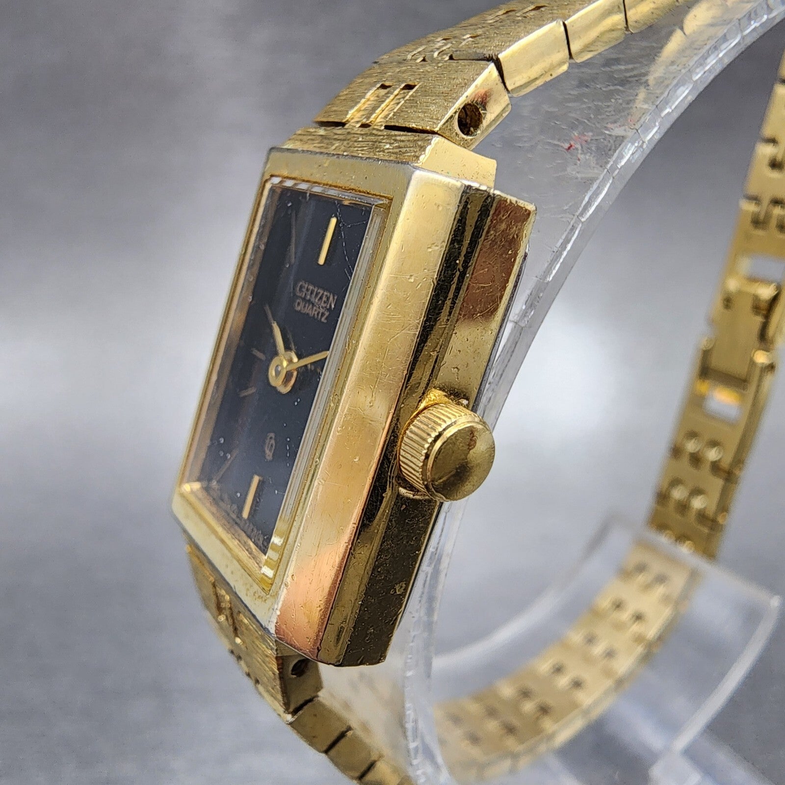 Citizen CQ Tank Watch Women 17mm Black Dial Gold Tone Rectangle New Battery2
