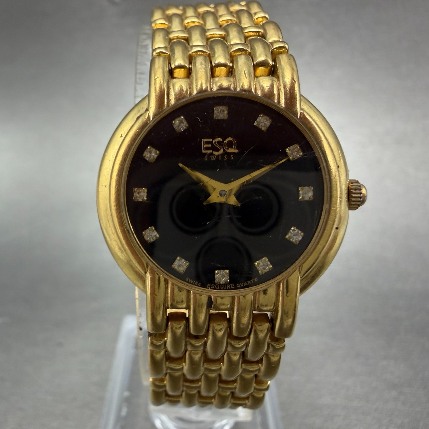 ESQ Watch Women 25mm Black Dial Gold Tone Round Gem Markers 100203B New Battery0