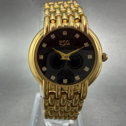 ESQ Watch Women 25mm Black Dial Gold Tone Round Gem Markers 100203B New Battery0
