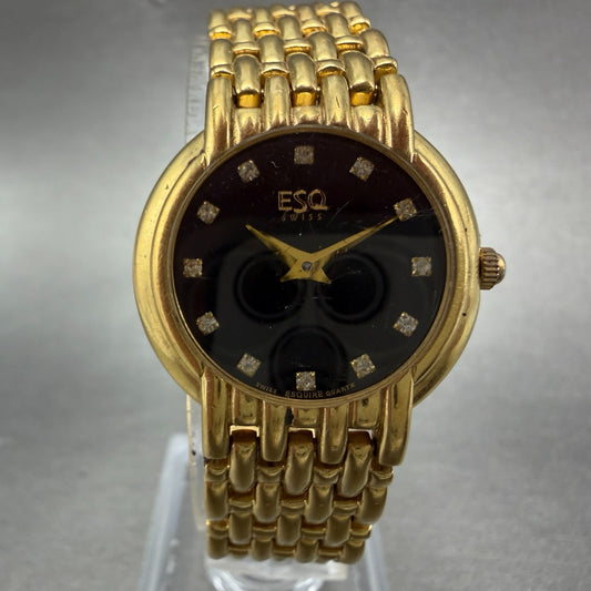 ESQ Watch Women 25mm Black Dial Gold Tone Round Gem Markers 100203B New Battery0