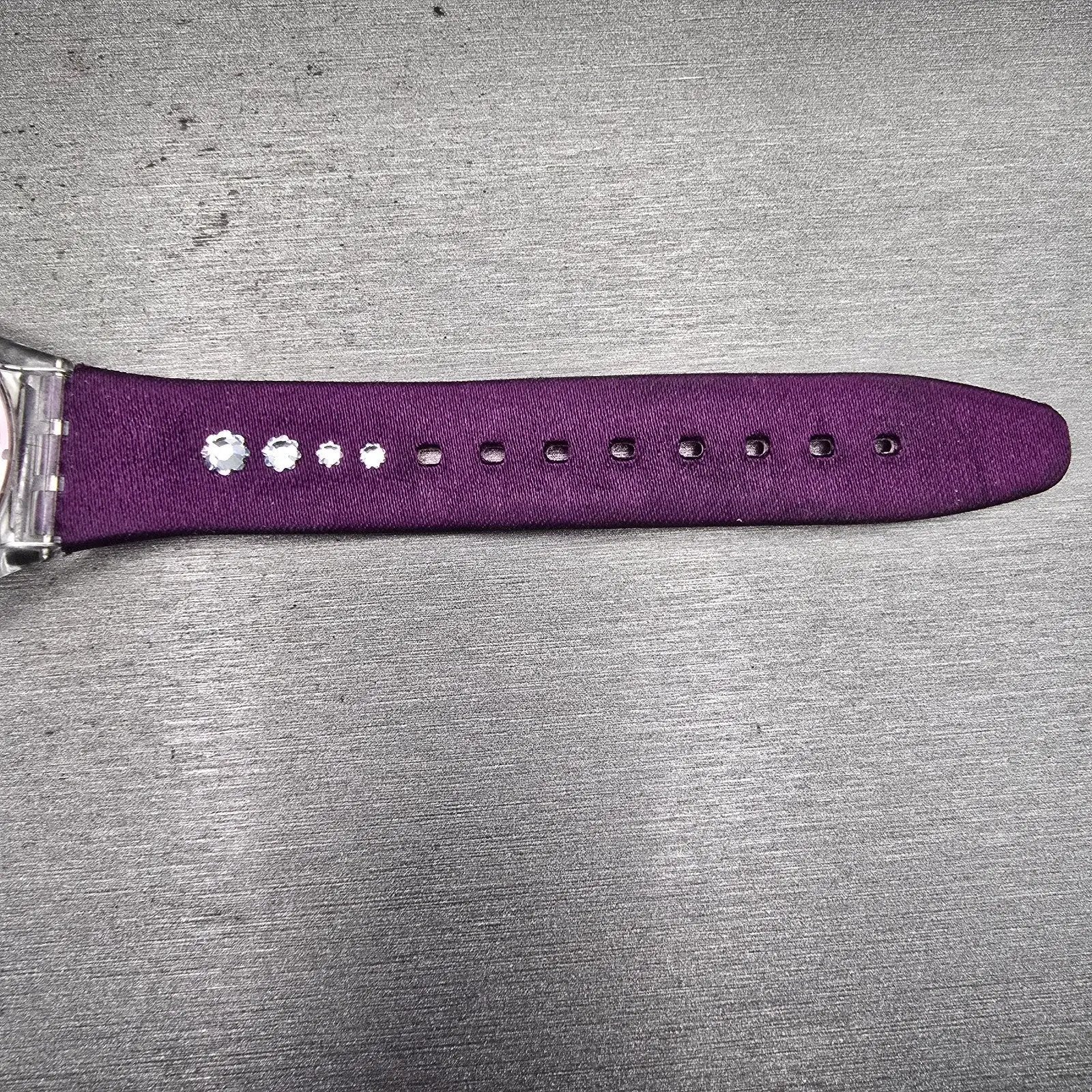 Swatch Skin FLOWER TRACK Watch Women Purple Dial Clear Case SFK278 New Battery12