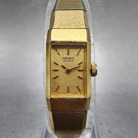 VTG Seiko Watch Women 12mm Gold Dial Gold Tone Rectangle 13205049 New Battery0