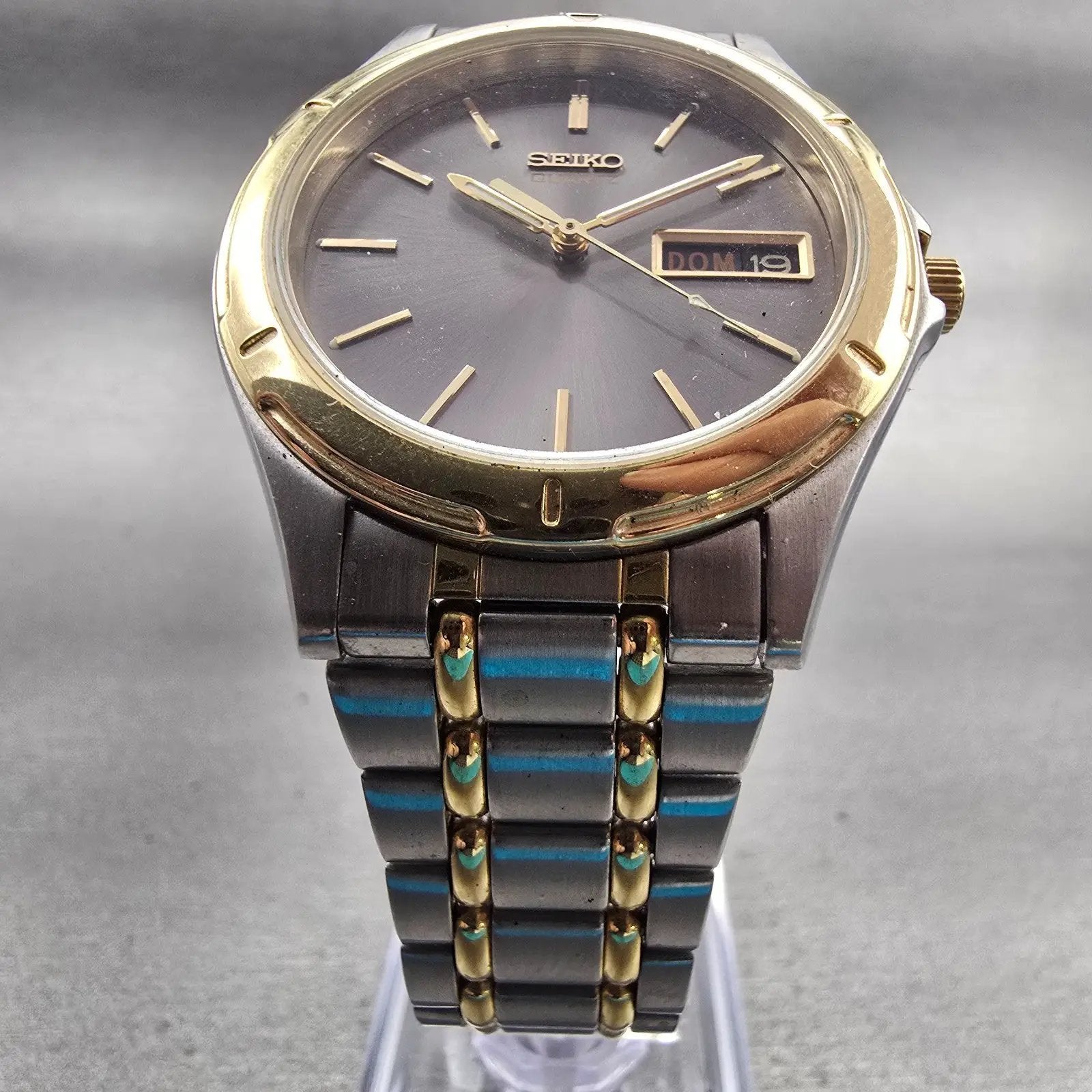 Seiko Watch Men 35mm Gray Dial Two Tone Daydate Round 7N43-6A09 New Battery VTG5