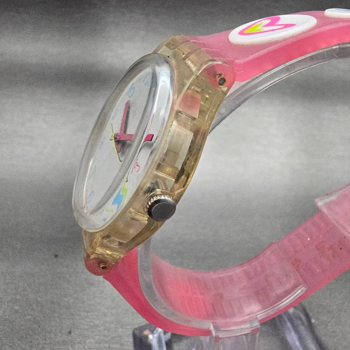 Swatch Pink Candy Watch Women 34mm White Dial Clear Case Round GE177 New Battery2