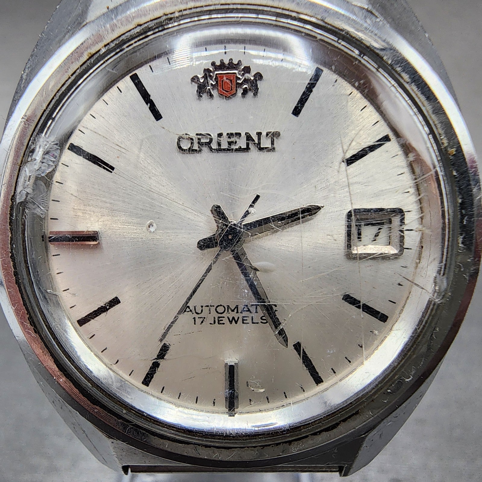 Orient Automatic Watch Men 37mm White Dial SIlver Tone Date NO CROWN Runs VTG1