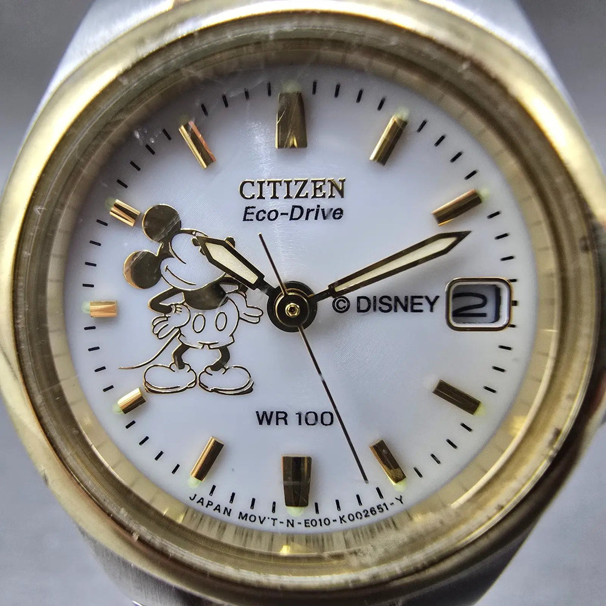 Citizen Eco-Drive Watch Women 25mm White Dial Two Tone Date Mickey Mouse Works1