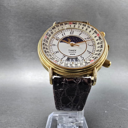 Timex Sun&Moon Watch Men 37mm White Dial Gold Tone Daydate Round New Battery5