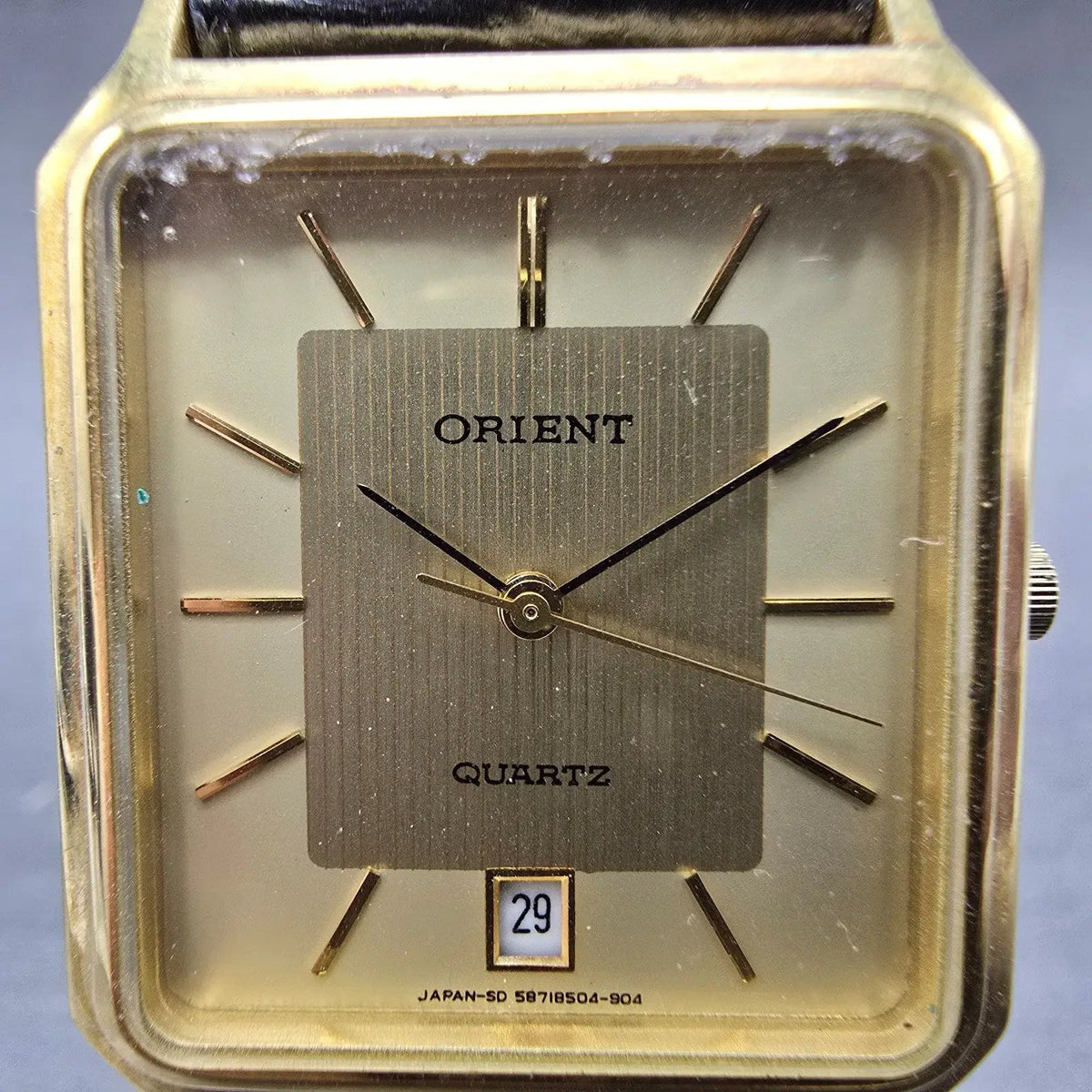 Orient Tank Watch Men 28mm Champagne Dial Gold Tone Rectangle Date New Battery1