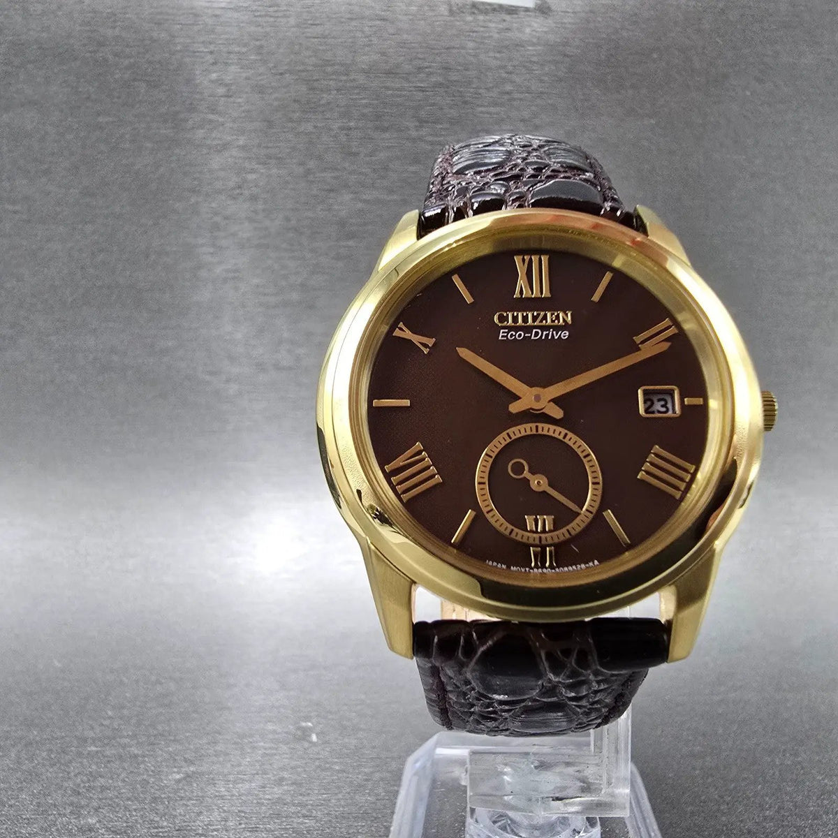 Citizen Eco-Drive Watch Men 37mm Brown Dial Gold Date Small Seconds Works WBox6