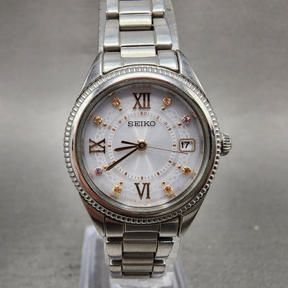 Seiko Solar Watch Women 25mm White Dial Silver Tone Date Round 1B220BZ0 Runs0