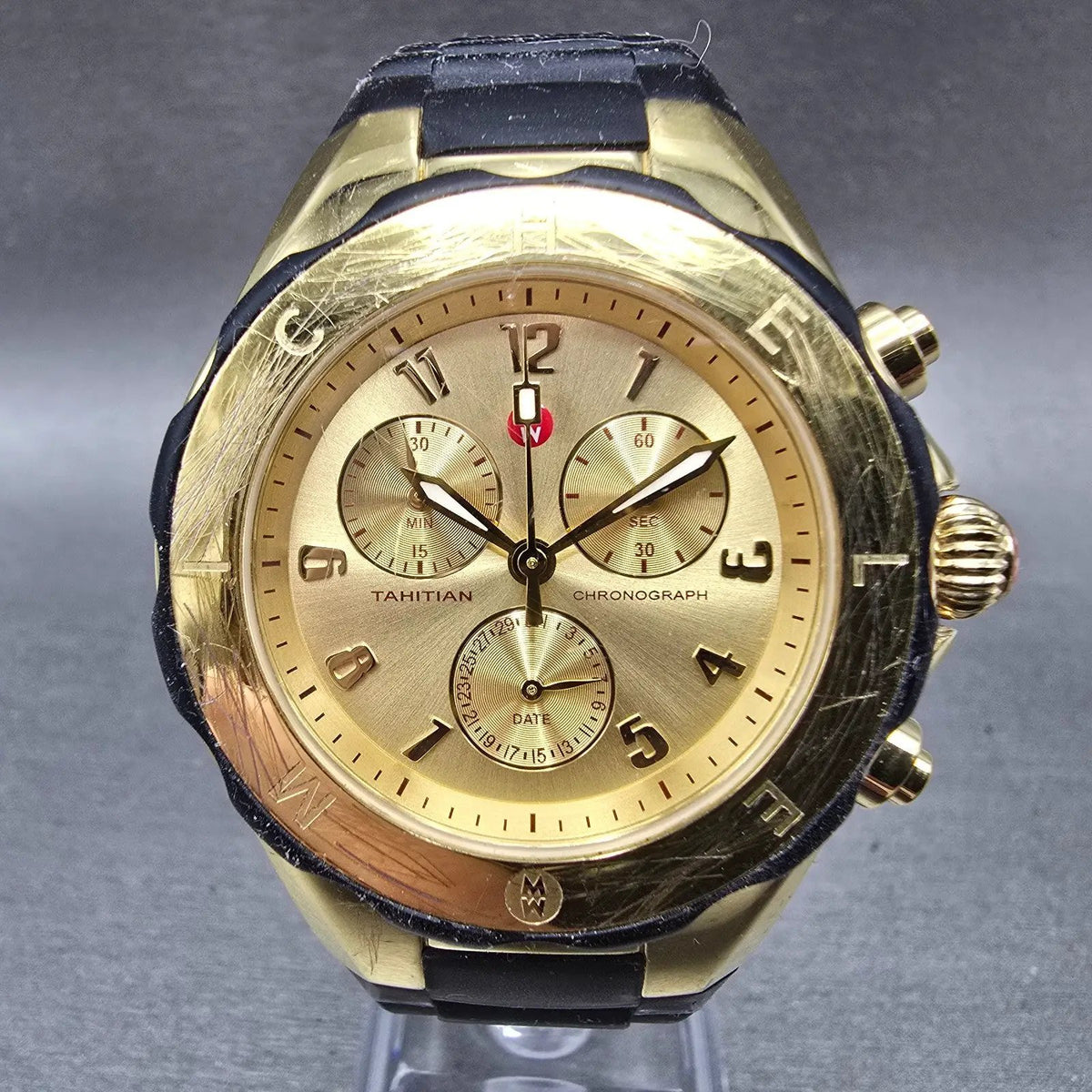Michele Tahitian Chronograph Watch Women 40mm Black Dial Gold Date New Battery0