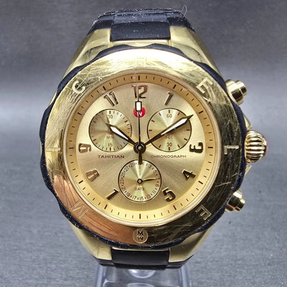 Michele Tahitian Chronograph Watch Women 40mm Black Dial Gold Date New Battery0