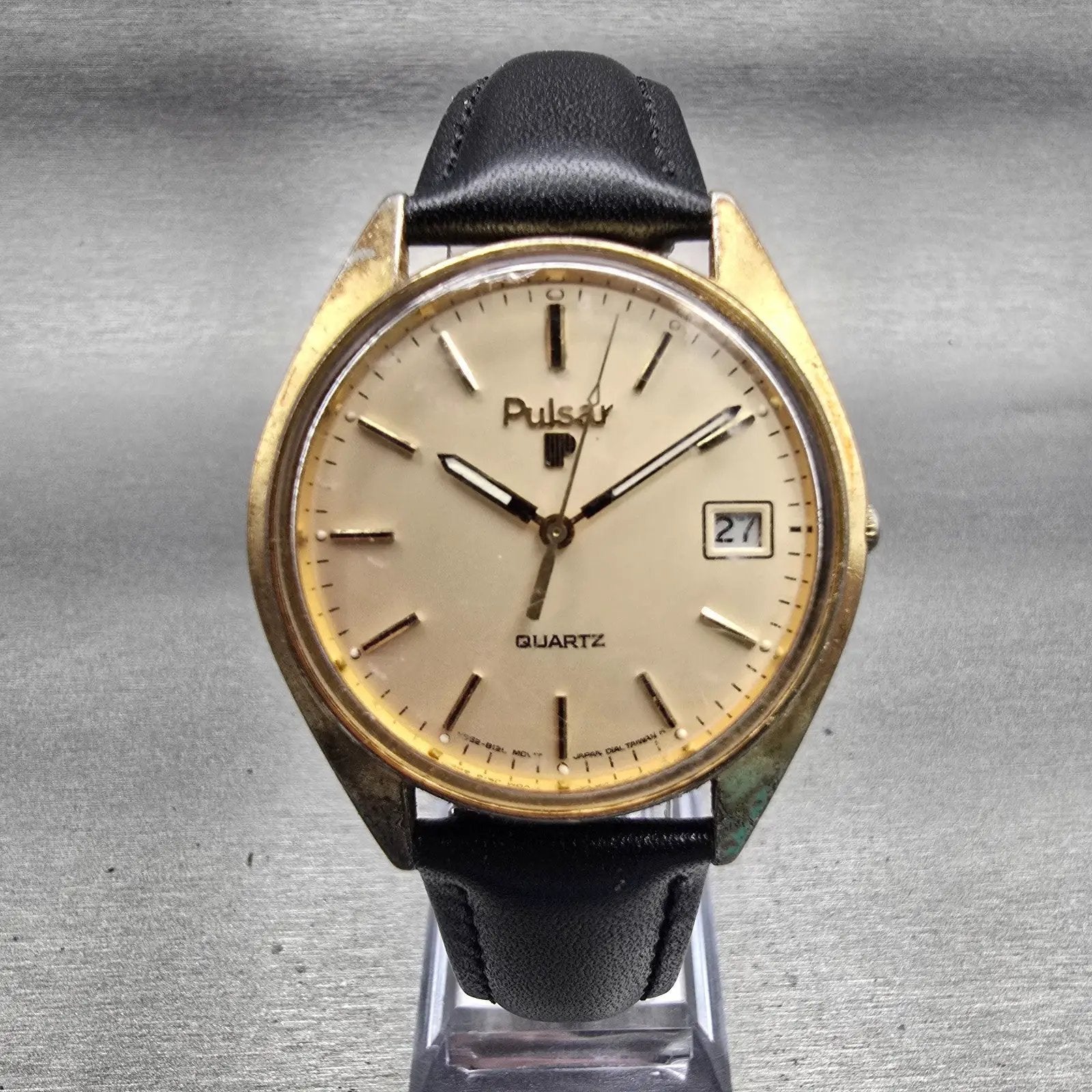 Seiko Pulsar Watch Men 36mm Champagne Dial Gold Tone Date Y562-8139 New Battery0