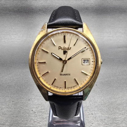 Seiko Pulsar Watch Men 36mm Champagne Dial Gold Tone Date Y562-8139 New Battery0