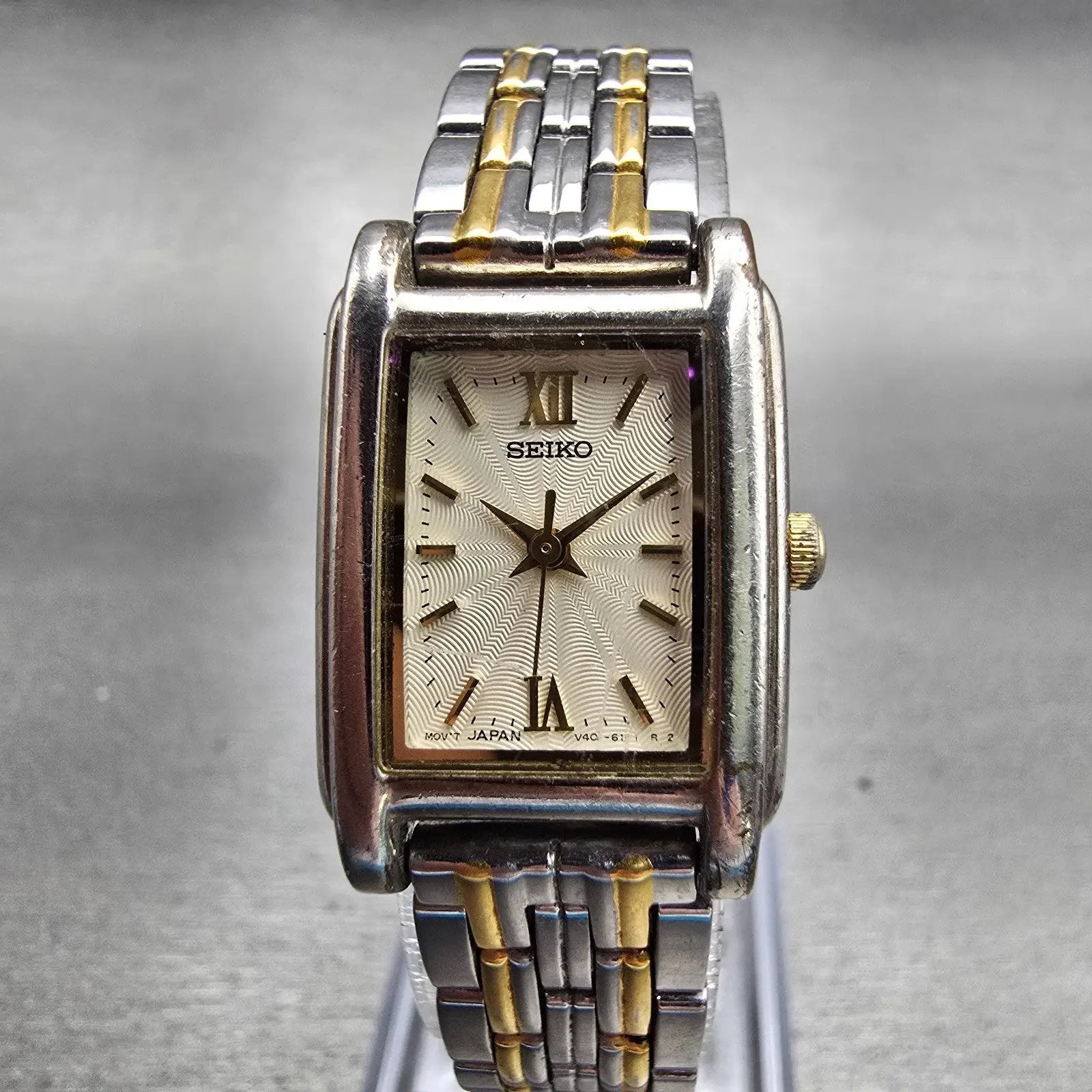 Seiko Watch Women 18mm Ivory Dial Two Tone Rectangle V401-5660 New Battery VTG0