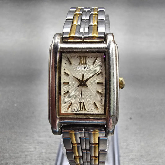 Seiko Watch Women 18mm Ivory Dial Two Tone Rectangle V401-5660 New Battery VTG0
