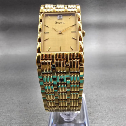 Bulova Watch Men 23mm Gold Dial Gold Tone Diamond Rectangle 97D05 New Battery5