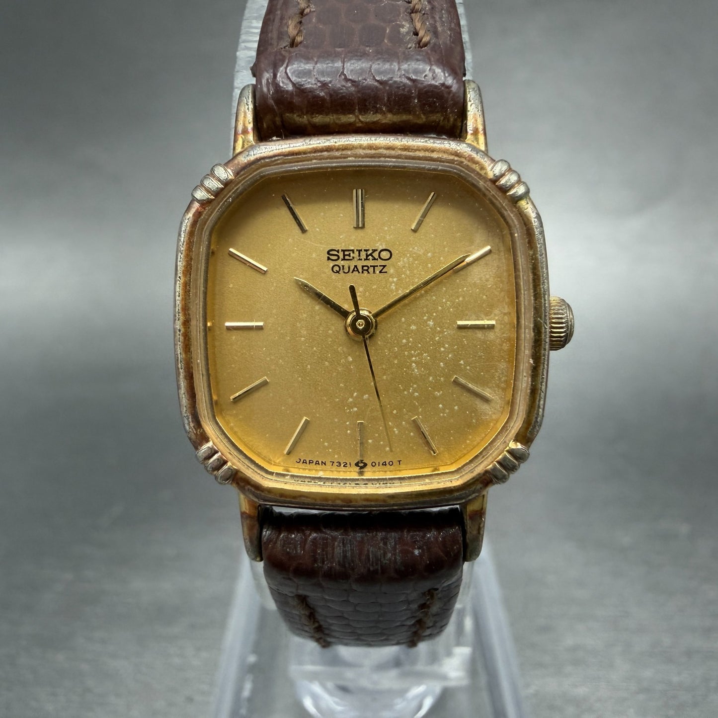 Seiko Watch Women 20mm Champagne Dial Gold Tone Square 7321-5070 New Battery0