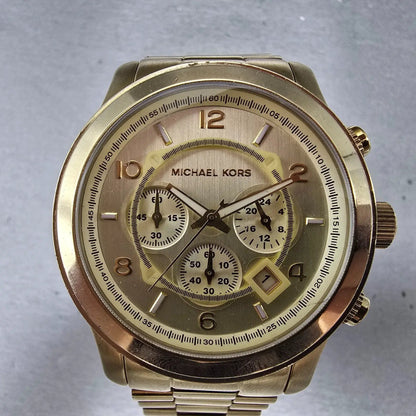 Michael Kors Runway Chronograph Watch Men 45mm Champagne Dial Gold Tone New Batt1