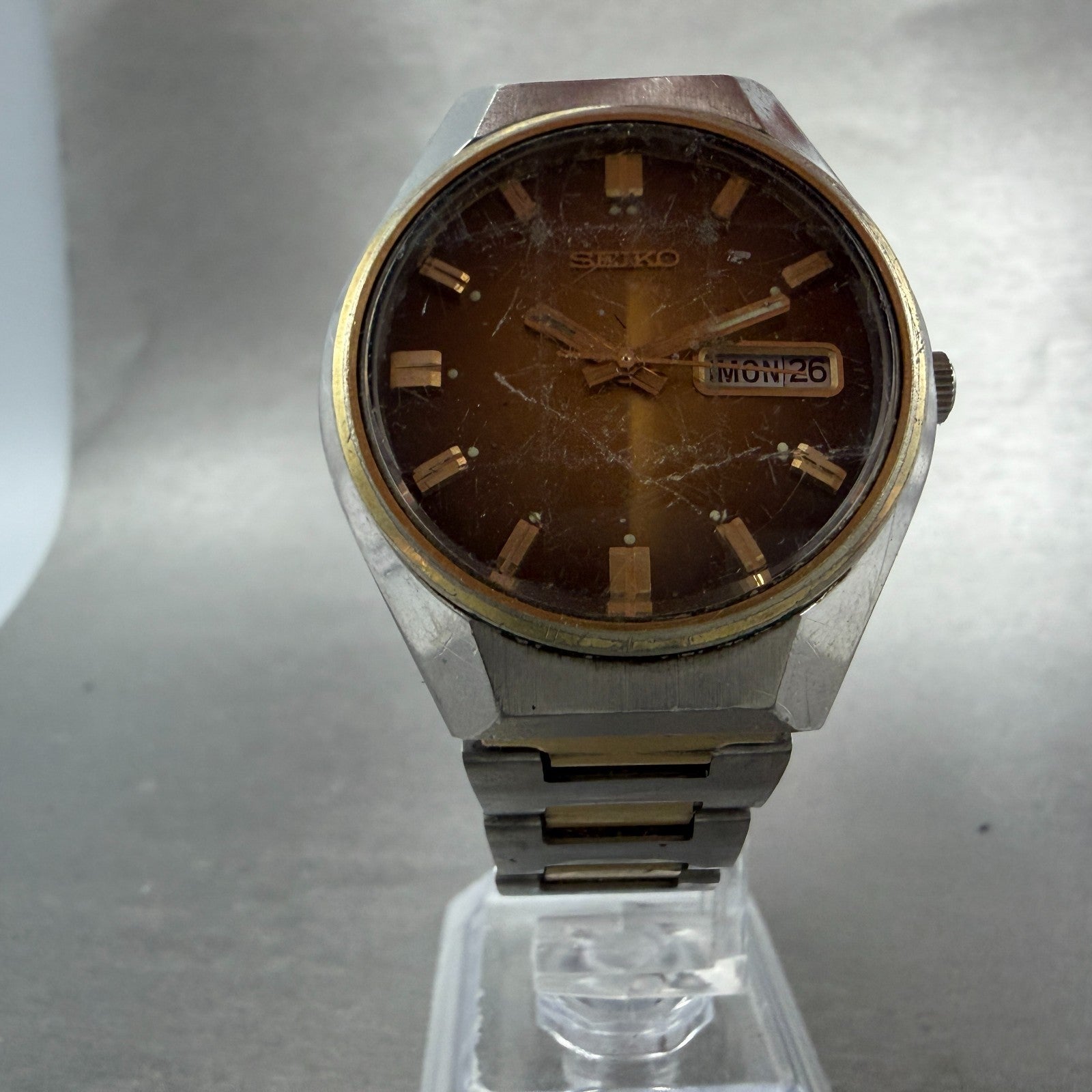 Seiko Automatic Watch Men 37mm Brown Dial Two Tone Daydate 6309-8099 PARTS VTG6