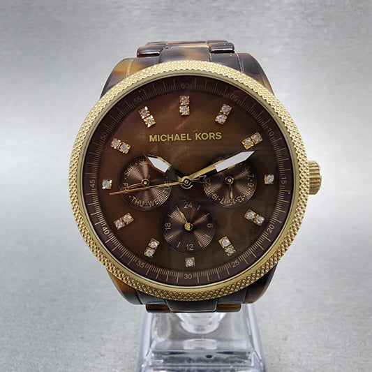 Michael Kors Watch Women 37mm Brown Dial Gold Tone Tortas Daydate New Battery