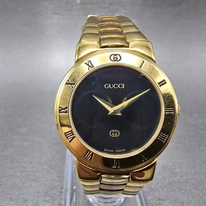 Gucci 3300L Watch Women 25mm Black Dial Gold Plated Round New Battery Vintage0