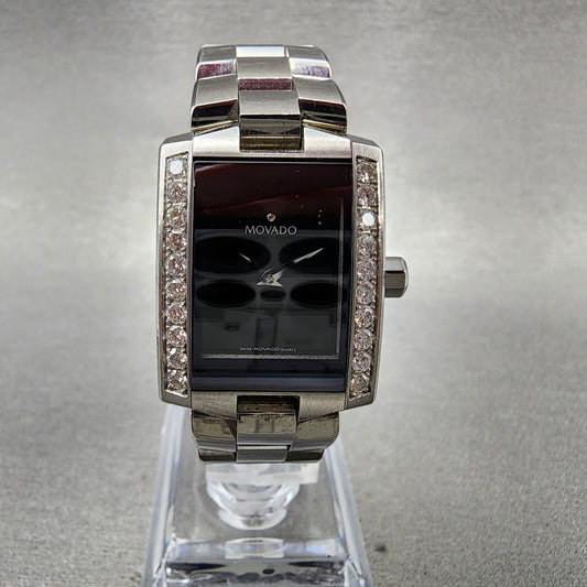 Movado Eliro Watch Women 22mm Black Dial Steel Diamond Bezel 84C1415 New Batt0