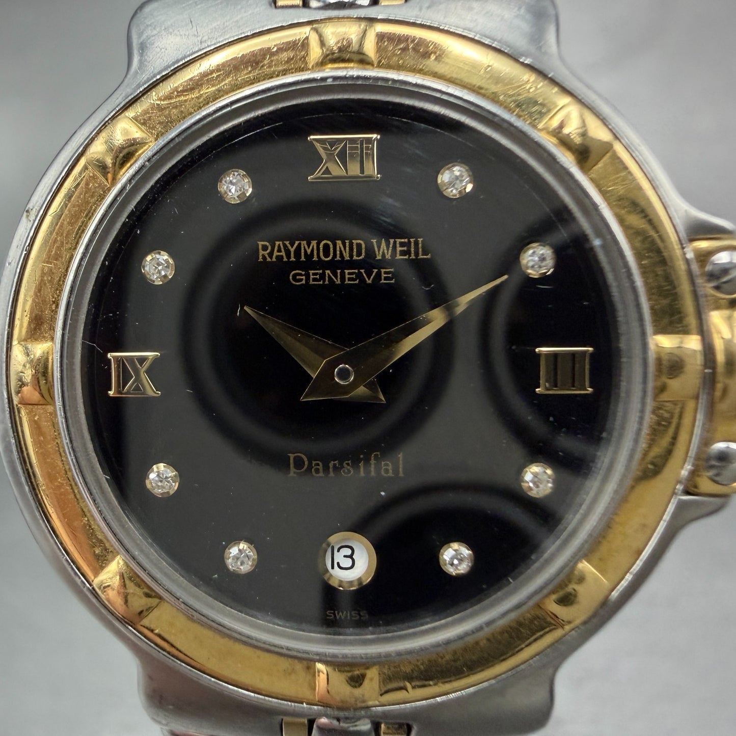 Raymond Weil Parsifal Watch Women 27mm Black Dial Two Tone Date 9990 New batt AB1