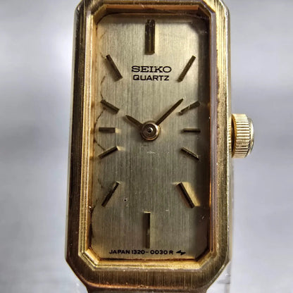 Seiko Watch Women 12mm Gold Dial Gold Tone Rectangle 1320-5029 New Battery VTG1