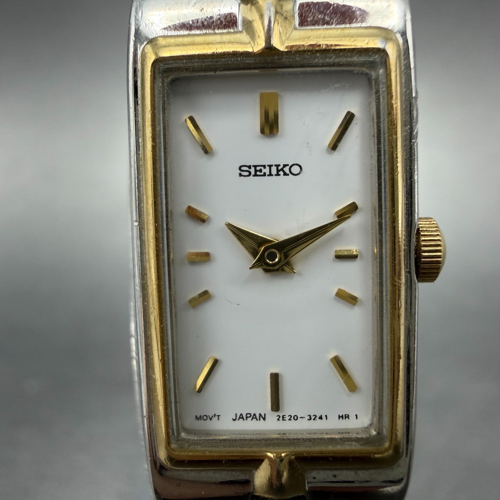 Seiko Tank Watch Women 13mm White Dial two Tone Rectangle 2E20-0AY0 New BatteryK1