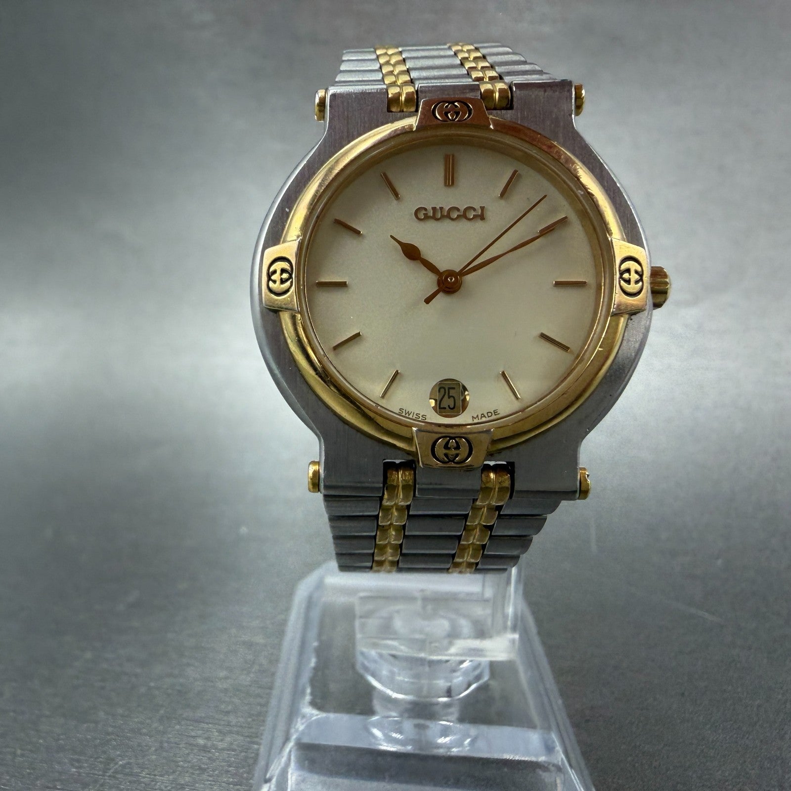 Gucci 9000M Watch Men 32mm Cream Dial Two Tone Date Round Bracelet New Battery 35
