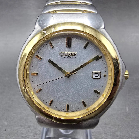 Citizen Eco-Drive Watch Men 36mm White Dial Two Tone Date A114-H17974 PARTS0