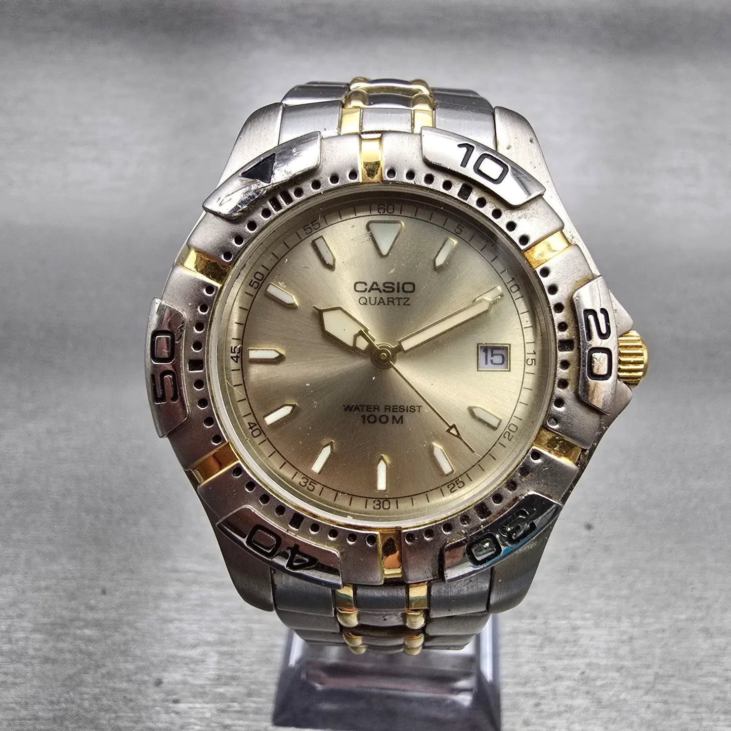 Casio Watch Men 38mm Champagne Dial Two Tone Date Round MTD-1020 New Battery0