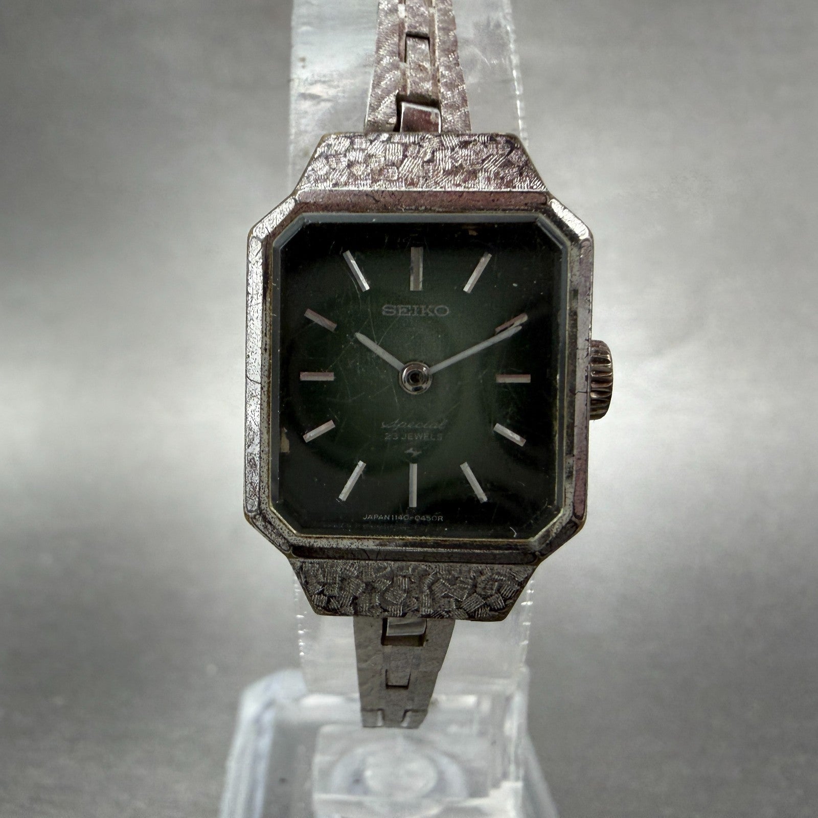Seiko Special Tank Watch Women 18mm Green Dial Silver Tone Manual 1140-3170 Runs5
