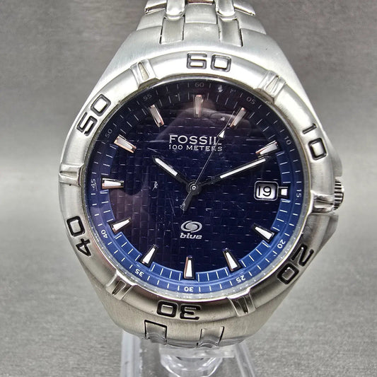 Fossil Blue Dive Watch Men 40mm Blue Dial Silver Tone Date AM-3685 New Battery0