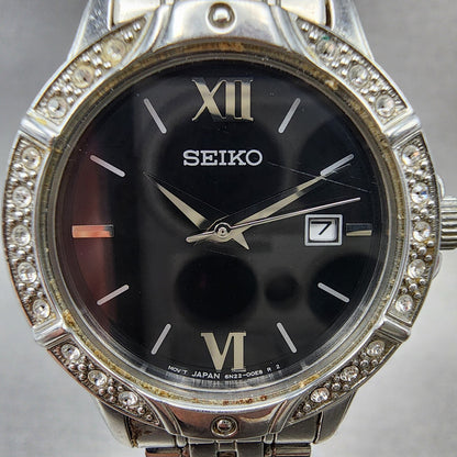 Seiko Watch Women 30mm Black Dial Silver Tone Date Round 6N2200B0 New Battery1