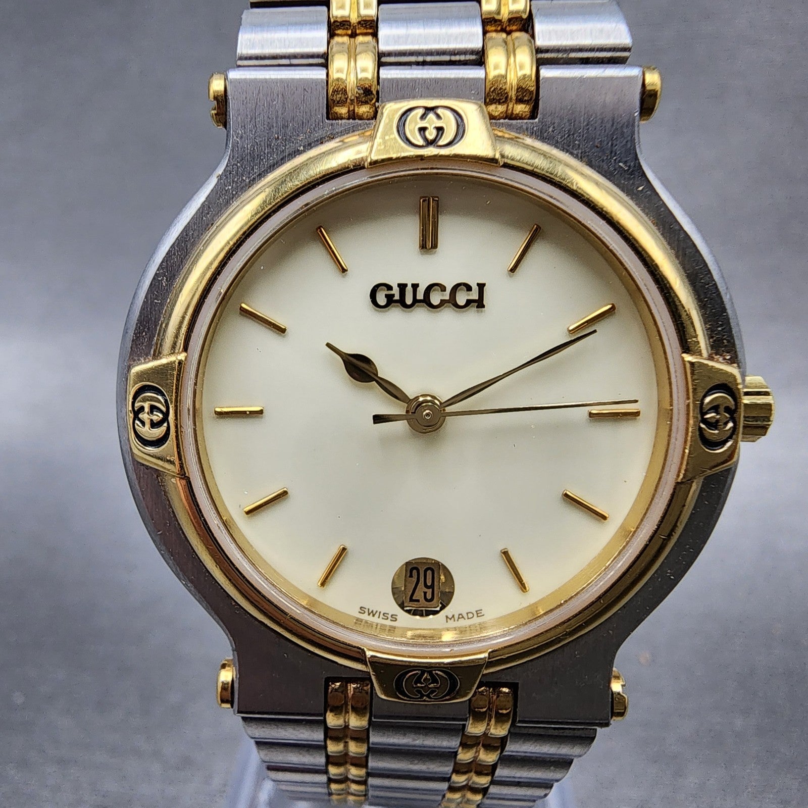 Gucci 9000M Watch Men 32mm Cream Dial Two Tone Date Round Bracelet New Battery1